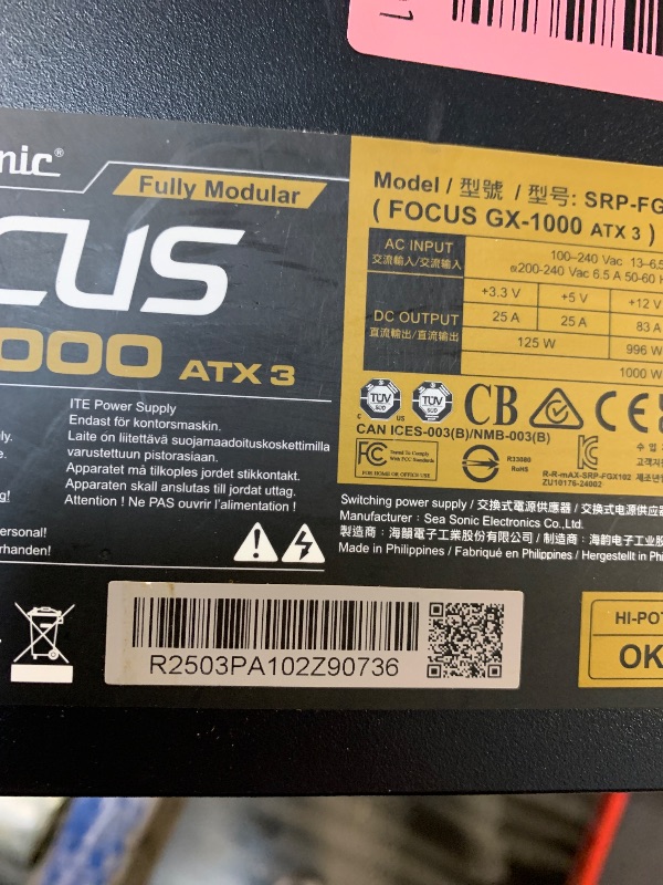 View 4 of *UNTESTED*
Seasonic Focus GX-1000-1000W - 80+ Gold - ATX 3.0 & PCIe 5.0 Ready - Fully Modular - Premium Japanese Capacitors - 10 Year Warranty - Nvidia RTX 40/50 & AMD GPU Compatible