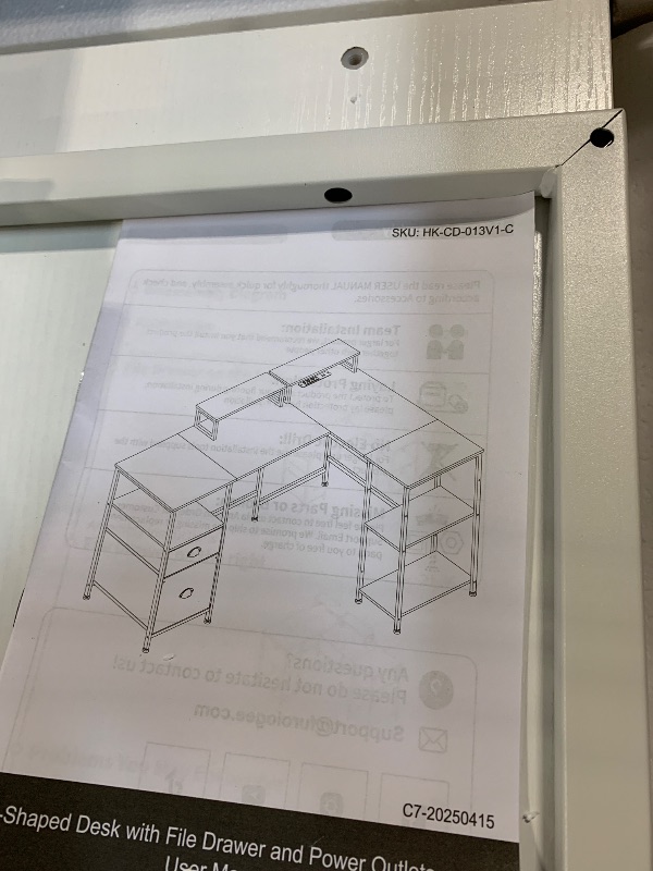Photo 1 of ** MISSING PARTS**Furologee 66” L Shaped Desk with Power Outlet, Reversible Computer Gaming Desk with File Drawer & 2 Monitor Stands for Home Office with Storage Shelves, White