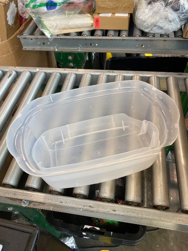 Photo 1 of ***MINOR DAMAGE*** Rubbermaid Wrap N' Craft Plastic Wrapping Paper Organizer Storage Container with Top Ornament Storage Compartment for 20 Standard 30 Inch Rolls, Clear