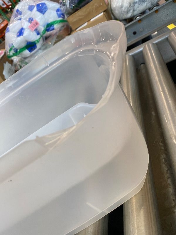 Photo 1 of ***MINOR DAMAGE*** Rubbermaid Wrap N' Craft Plastic Wrapping Paper Organizer Storage Container with Top Ornament Storage Compartment for 20 Standard 30 Inch Rolls, Clear