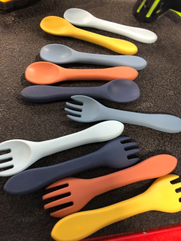 Photo 1 of 10 Pieces Baby Led Weaning Spoons and Forks Set Infant Silicone Spoon First Self Feed Baby training Utensils for Toddler First Stage Feeding Supplies for Kids Over 6 Months, 5 Pairs (Bright Colors)