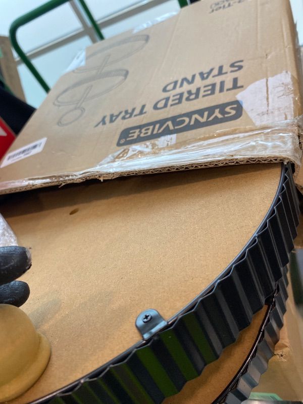 Photo 1 of **MISSING PIECES**Wooden Two Tiered Tray Stand, Farmhouse Round 2 Tier Decorative Tray with Black Metal Floral Edge for Home Kitchen Table Decor, Serving Tray for Coffee Bar Party Weddding Holiday Decorations