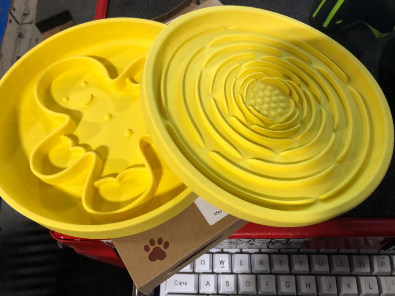 View 3 of 2 in 1 Slow Feeder Dog Bowls with Suction Cups,Silicone Lick Mat for Dogs,DIY Wet or Dry Food,Dishwasher Safe & Reduces Gulping,Interactive Pet Slow Eating,7.5"x1.5"UU Bowl,Lemon,Flower Lick Pad