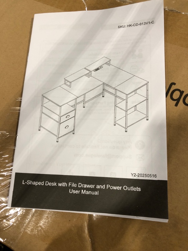 Photo 1 of Furologee 66” L Shaped Desk with Power Outlet, Reversible Computer Gaming Desk with File Drawer & 2 Monitor Stands for Home Office with Storage Shelves, White