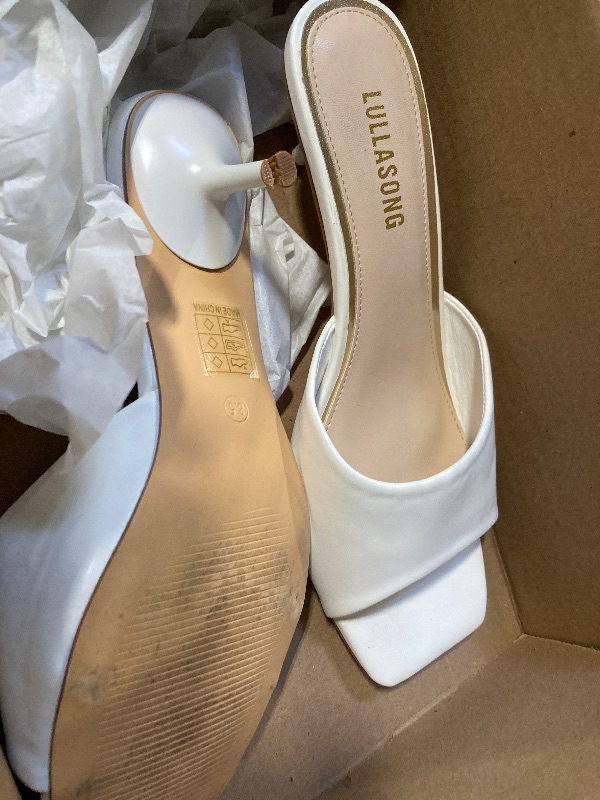 Photo 1 of **SMALL DAMAGE**LULLASONG White Kitten Heels Sandals Low Heels Slip On Slides 2 Inch Heeled Square Open Toe Sandals for Women