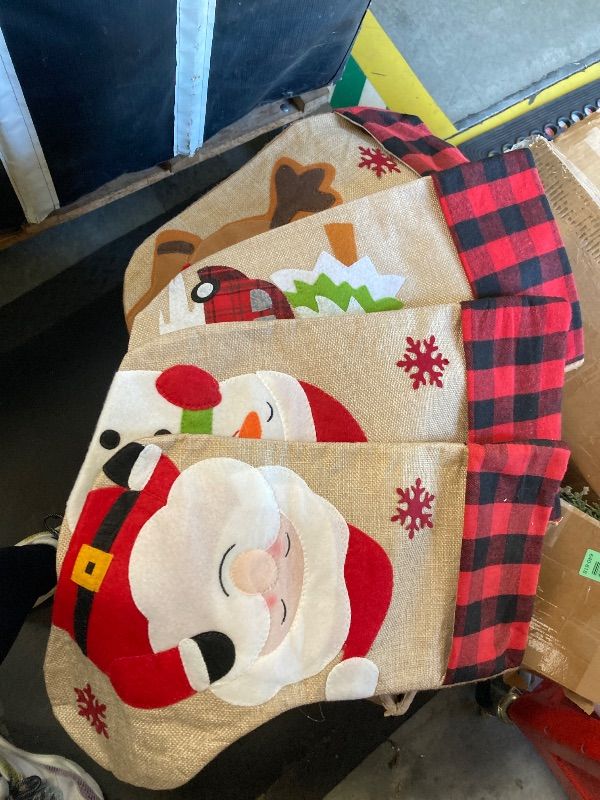 Photo 1 of **4 PCS**Christmas Stockings 5 Pack, 18'' Large Christmas Stockings with Santa Snowman Gnomes Pattern,Classic Buffalo Plaid Cuff,Xmas Ornaments for Family Stairs Fireplace Tree Hanging
