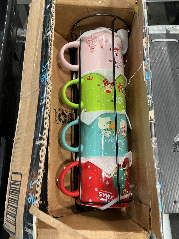 Photo 1 of ***MINOR DAMAGE*** ***READ CLERK NOTES*** Set of 4 Stackable Christmas Mugs, 15.8 Oz Coffee Mug With Stand, Holiday Hot Cocoa Mugs for Mom Family Colleagues Friend & Farmhouse Cocoa Tray Decor