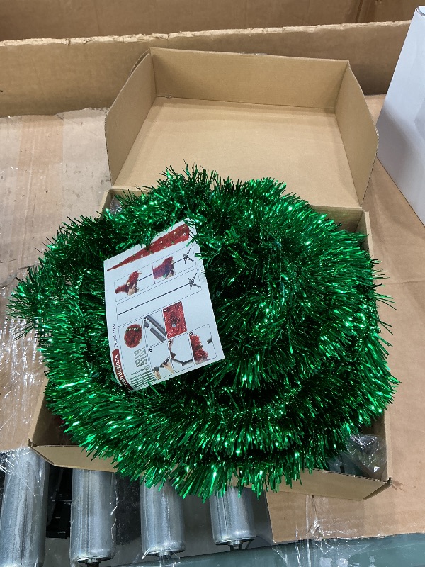 Photo 1 of [ Timer ] 6 Ft Pop Up Christmas Tinsel Tree, Green Collapsible Christmas Tree with 50 Colorful Light 16 Candy 10 Ball 4 Snowflake Merry Christmas Bow DIY Ornaments Battery Operated Xmas Decor Indoor