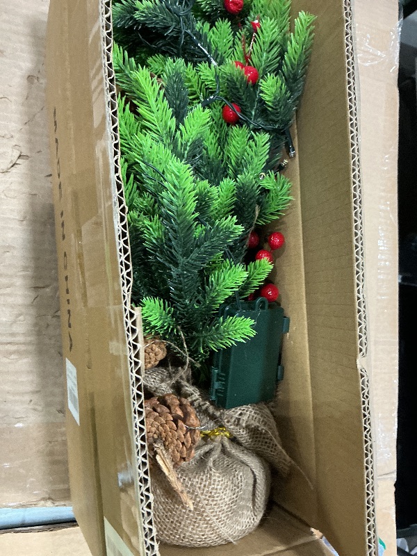 Photo 1 of [ 12 Modes & Timer] Christmas Artificial Tree LED Warm Lights Battery Operated Red Berries Pine Cone Burlap Base Indoor Home Christmas Decorations