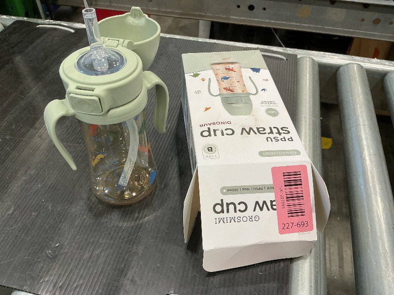 Photo 1 of ***LID BROKEN*** GROSMIMI Flip Top Spill Proof Sippy Cup, PPSU, BPA Free, 10 oz, Stage 2 Straw for Toddlers (Dinosaur)