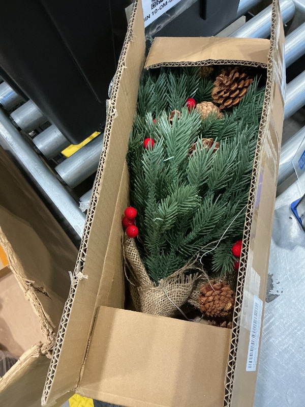 Photo 1 of [ 8 Modes & Timer] 24 Inch Realistic Tabletop Christmas Tree Small Christmas Tree with 50 Warm Lights Battery Operated Red Berries Pine Cone Burlap Base Indoor Home Table Christmas Decorations