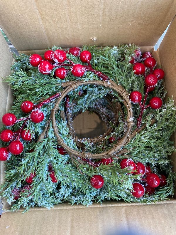 Photo 1 of ***MISSING PIECES*** Cinnvoice 8 Pcs Christmas Candle Rings Wreath Artificial Garland with Red Berry Mini Christmas Candle Wreath for Table Centerpiece Home Kitchen Cabinet Windows Front Door Decor (Cypress)