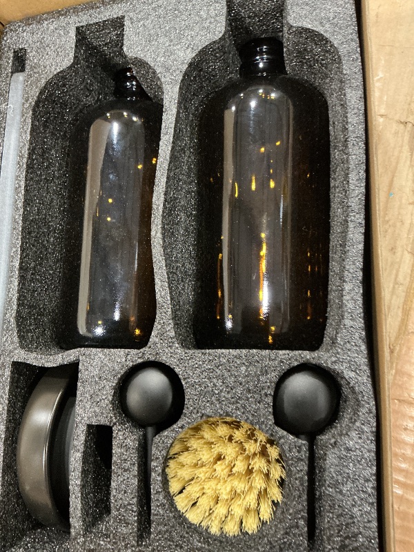 Photo 1 of [Luxury] Kitchen Soap Dispenser Set - 16OZ Amber Glass Bottle, Stainless Steel Pump, Instant Dry Tray, Waterproof Labels, Non-Slip Silicone Pad, and Dish Brush | Upgrade for Your Kitchen and Bathroom