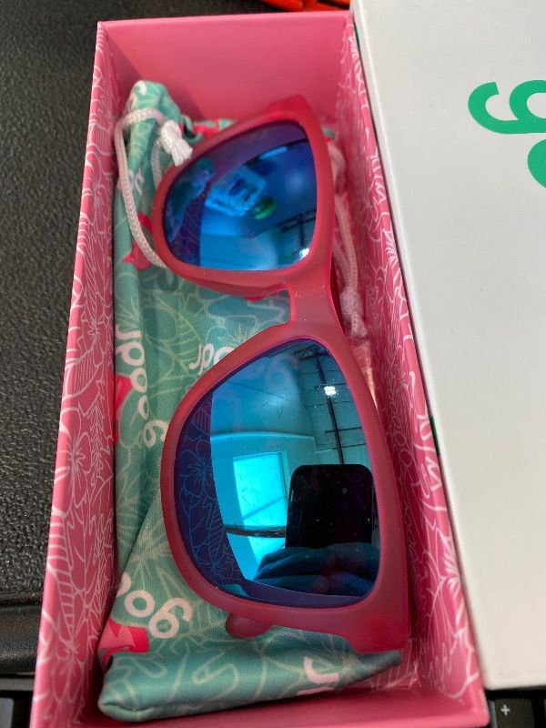 Photo 1 of ***SCRATCHES*** goodr Flamingos On A Booze Cruise Polarized Sunglasses, Medium Sized (OG), Pink Translucent Frames with Teal Mirored Reflective Lens, UV400 Protection, No Slip, No Bounce