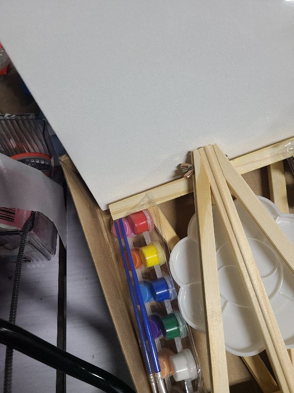 Photo 1 of 2 Pack 8 * 10In Canvas Boards for Painting, Art Canvas for Drawing with 4 Brushes & 2Paint Trays & 4 Acrylic Paint, Mini Painting Canvas with Easel Set, Painting Kits for Adults & Kids Party