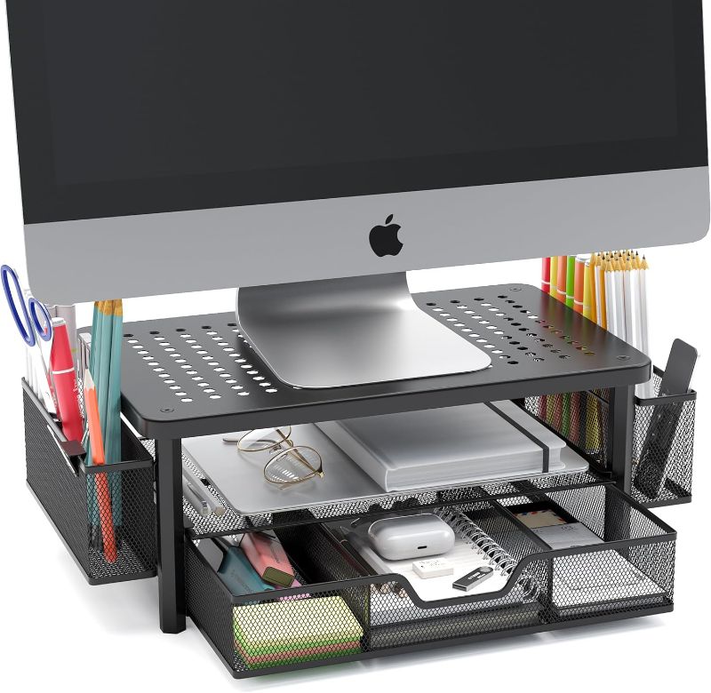 Photo 1 of **MSRP 17.99** eVoomi FlowMax Ergonomic Desk organizer Computer Monitor Stand -Improved XL Desk Drawer, File Paper Pencil Holders - Pro Posture Eye-Level Tension Relief - Anti-Slip Home Office Supplies Storage Stand for Laptop Monitor or Printer