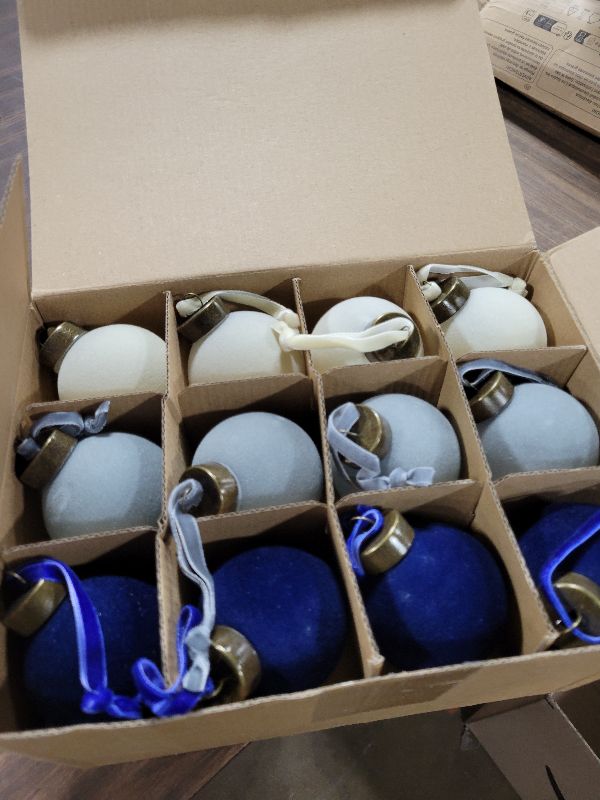 Photo 1 of 24 Pcs Velvet Christmas Balls Bulk Shatterproof Plastic Christmas Tree Decorations for Decorative Hanging Baubles (24, Beige?Haze Blue?Navy Blue, 2.36Inch)