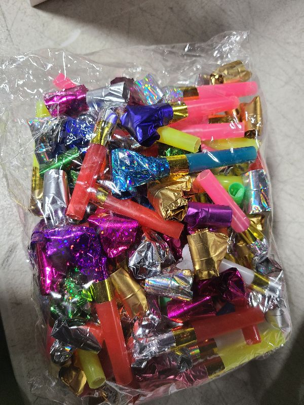 Photo 1 of 100 Pcs Party Blower, Colorful Birthday Noisemakers Funny Birthday Blow Horns Squawkers Party Whistles New Years Party Favors for Kids Adults