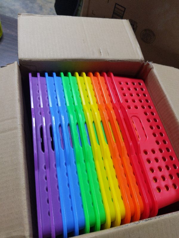Photo 1 of 12 Pcs Plastic Classroom Storage Baskets Bulk 14 x 10 In Turn in Paper Tray for Classroom A4 Size Colorful Storage Organizer Bin with Handles Stackable Container for Playroom Home Office School Supply