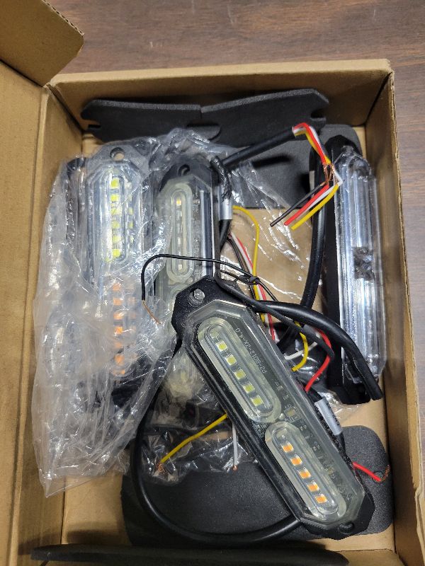 Photo 1 of 12-24V 24-LED Super Bright LED Emergency Strobe Lights Warning for Cars Trucks Vehicle SUV Caution Hazard Construction Waterproof Amber Strobe Bar with 32 Different Flashing- 4PCS (White Amber)