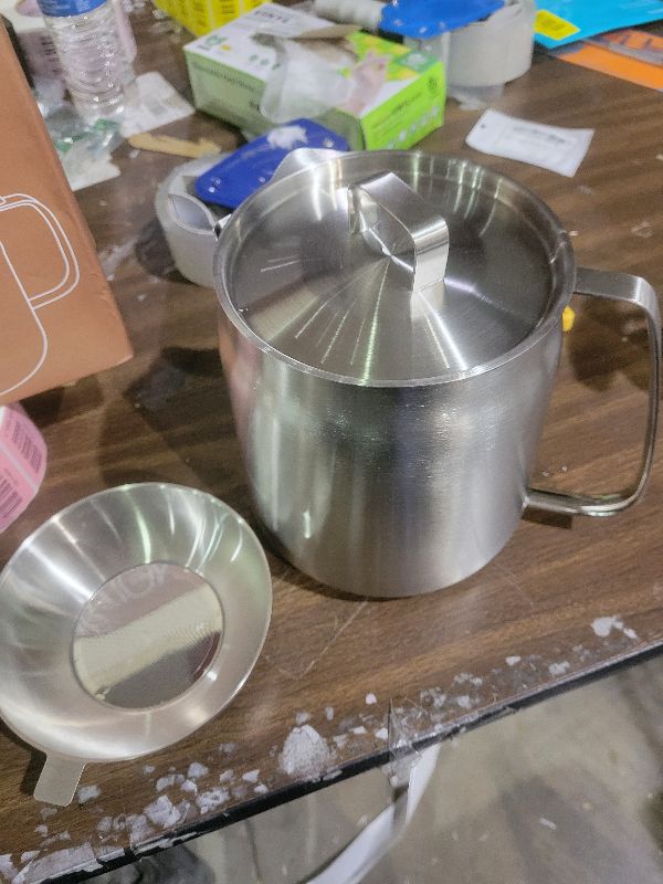 Photo 1 of (Filter not included) Stainless Steel Oil Filter Pot, Oil Separator with Filter Cover, Large Capacity Oil Filter Vessel Bacon Grease Container, Frying net Tank for Kitchen Frying (1.5L)