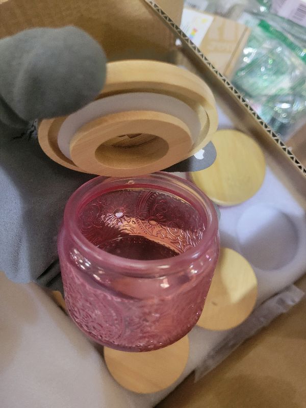 Photo 1 of 18-Pack 4oz Embossed Glass Candle Container with Bamboo Lids and Labels, Pink Candle Jars for Making Candles, Sun Moon Star Design