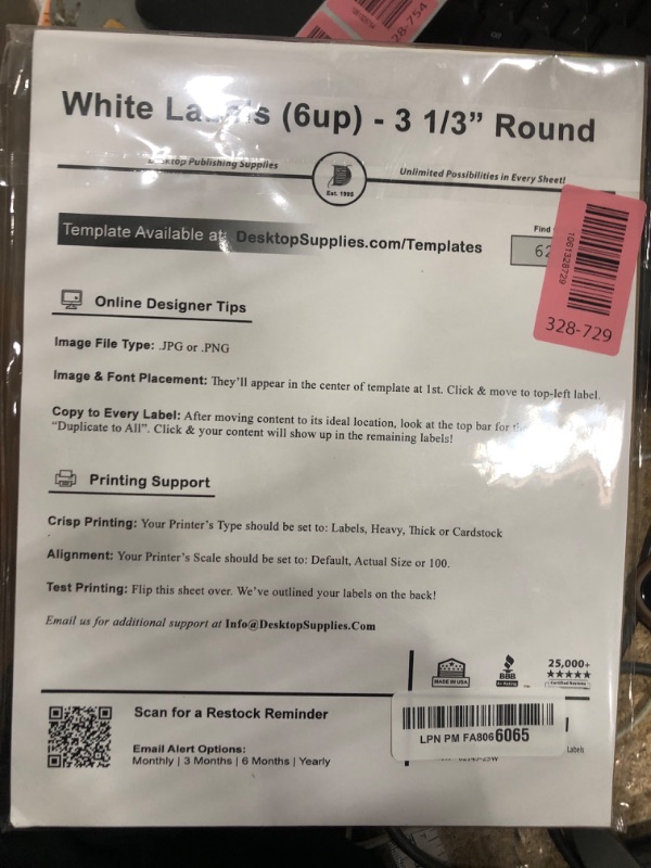 Photo 1 of 150 White 3 1/3" Round Large Circle Labels - 25 Sheets (6 Per Page) - for Inkjet & Laser Printers