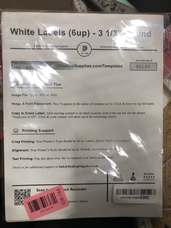 Photo 1 of 150 White 3 1/3" Round Large Circle Labels - 25 Sheets (6 Per Page) - for Inkjet & Laser Printers