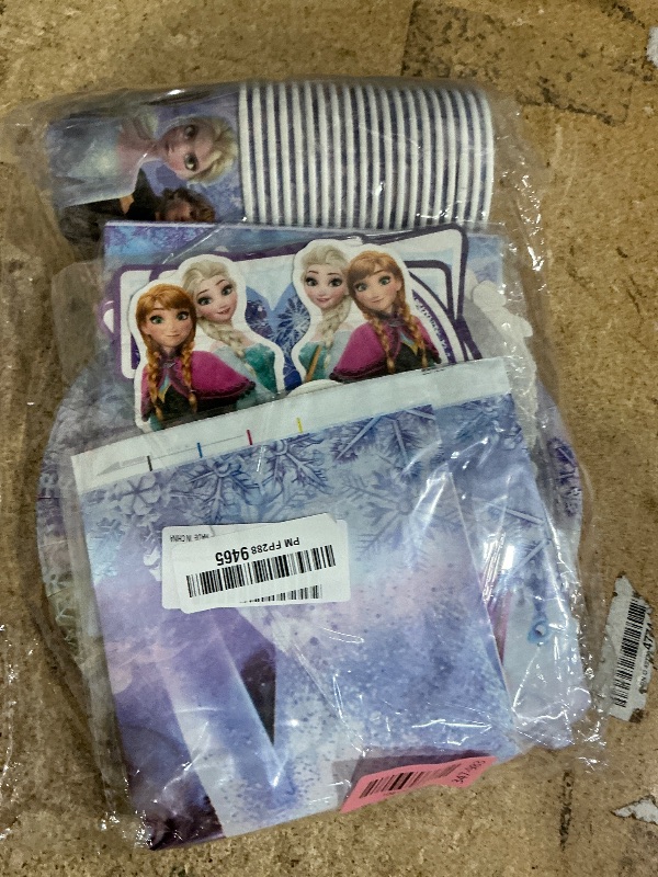 Photo 1 of Frozen Birthday Party Supplies Set, Pink Theme, with Banner, Plates, Cups, Utensils, Napkins, Tablecloth