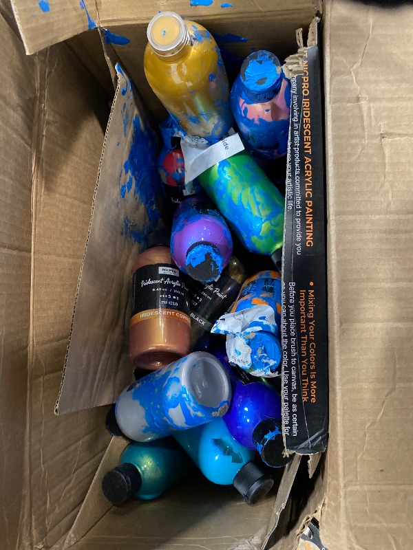 Photo 1 of **ONE BOTTLE SPILLED HAS BEEN THRON AWAY**Nicpro 20 Colors Iridescent Acrylic Paint, 8.45oz / 250ml Large Bulk Metallic Acrylic Paint,Color Shifting & Non-Toxic Art Painting Supplies For Canvas Fabric Rock Wood with Paint Knife Color Wheel