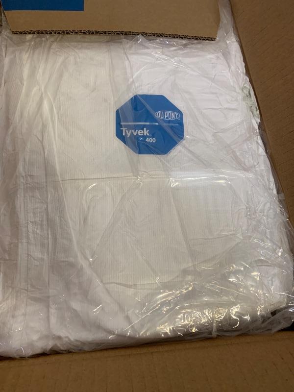 Photo 1 of DuPont Tyvek 400 Disposable Protective Coverall with Elastic Cuffs, Attached Hood and Boots, White, Large, 25-Pack