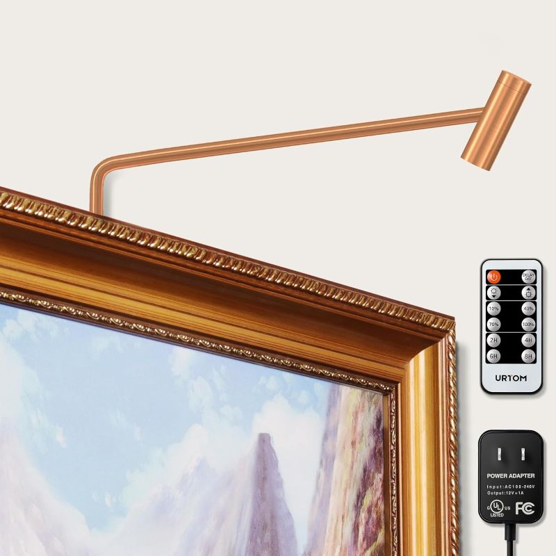 Photo 1 of Plug in Picture Light Dimmable Art Lights for Paintings Remote Control 3000K Picture Frame Light with Timer CRI 90 LED Picture Lights for Wall Display Artwork Portrait Gallery, Copper Body