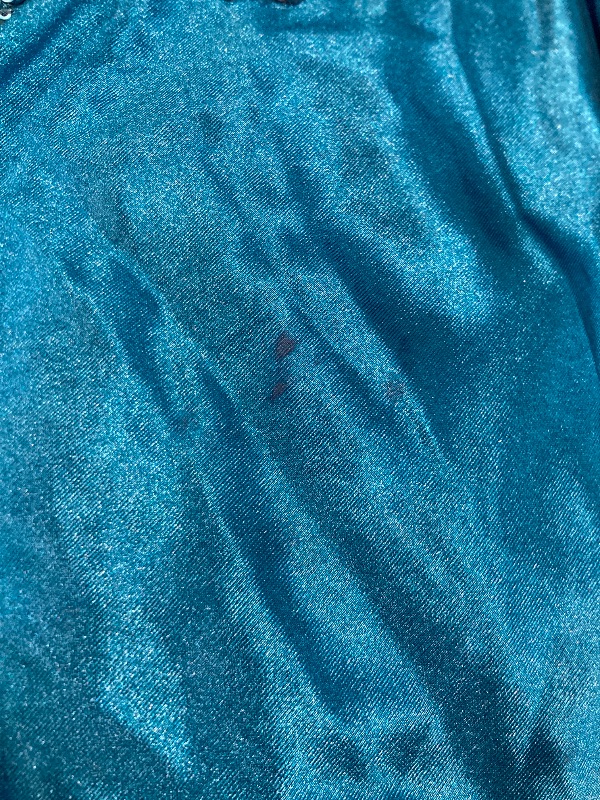 Photo 1 of SEE PICTURES...........V Neck Satin Prom Dresses Long Mermaid Lace Evening Gown with Slit Pleated Bodycon Formal Dress with Tail Teal Size 4 minor stains  BLUE