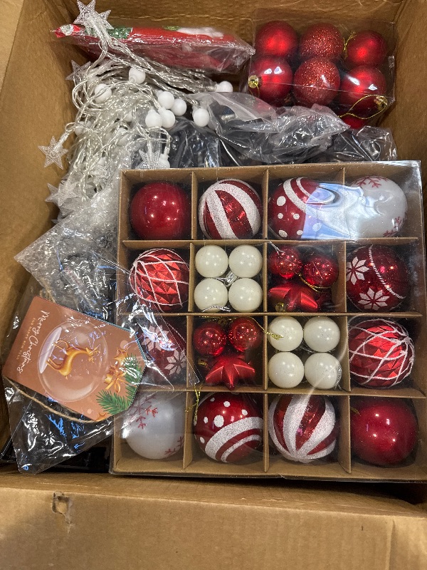 Photo 1 of 6.2 Ft Christmas Ornament Display Stand Tree, Metal Christmas Tree with 54 Balls, 80 LED Lights, 2 Stockings and 6 Holiday Cards, Wrought Iron Xmas Tree Hooks for Offices, Patios & Living Rooms