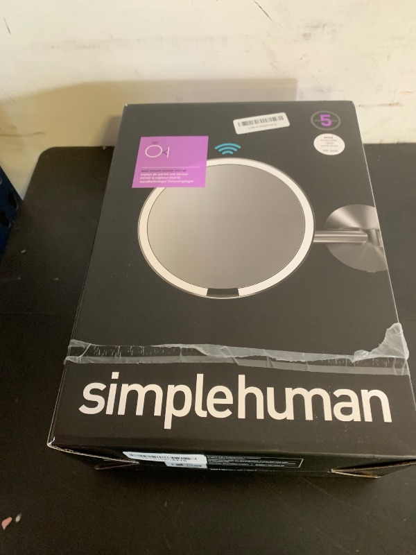 Photo 1 of simplehuman, Brushed 8" Round Wall Mount Sensor Makeup Mirror, 5x Magnification, Hard-Wired (100-240v), Stainless Steel, 8"