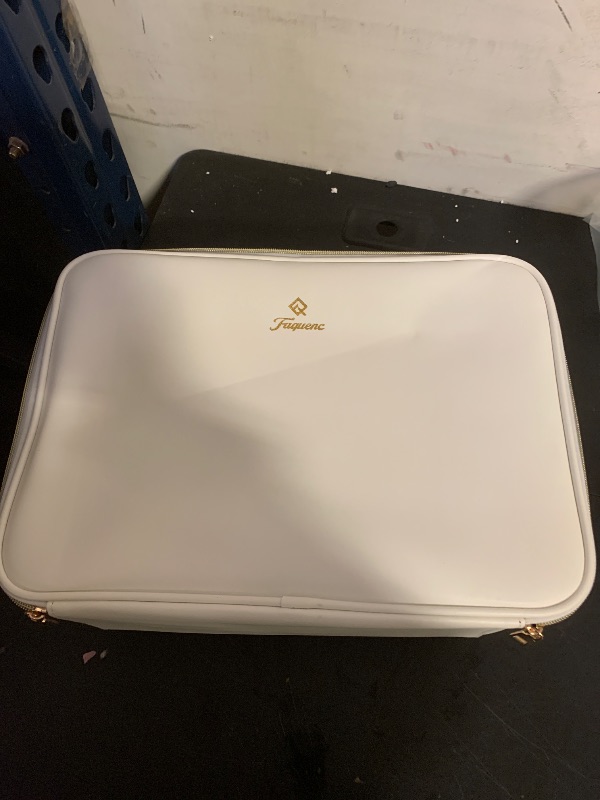 Photo 1 of **DAMAGED** Leather Makeup Case with LED Lighted Mirror 11.4 Inch Travel Makeup Bag Adjustable Brightness in 3 Colors Cosmetic Organizer Artist Storage Bag with Dividers Brush Holder Bag Vanity White