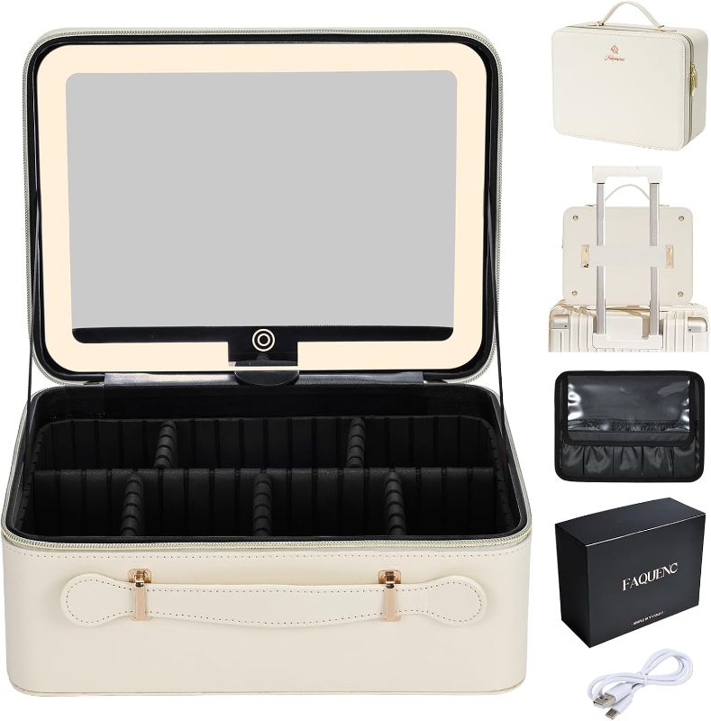 Photo 1 of **DAMAGED** Leather Makeup Case with LED Lighted Mirror 11.4 Inch Travel Makeup Bag Adjustable Brightness in 3 Colors Cosmetic Organizer Artist Storage Bag with Dividers Brush Holder Bag Vanity White