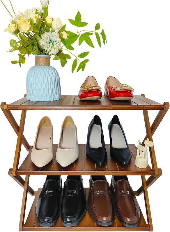 Photo 1 of Foldable Bamboo Shelf, Folding Shoe Rack, Flower Rack, Camping Rack, No Installation Required, Portable, Space Saving, Multi-Purpose Storage Rack (Walnut,3 Tiers)
