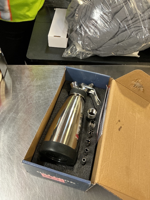 Photo 1 of Whipped Cream Dispenser Stainless Steel Keep Warm and Cold,500mL/1 Pint Double Wall Thermos Whipped Cream Maker,5 Various Stainless Decorating Nozzles,1 Cleaning Brush,N2O Chargers NOT Included