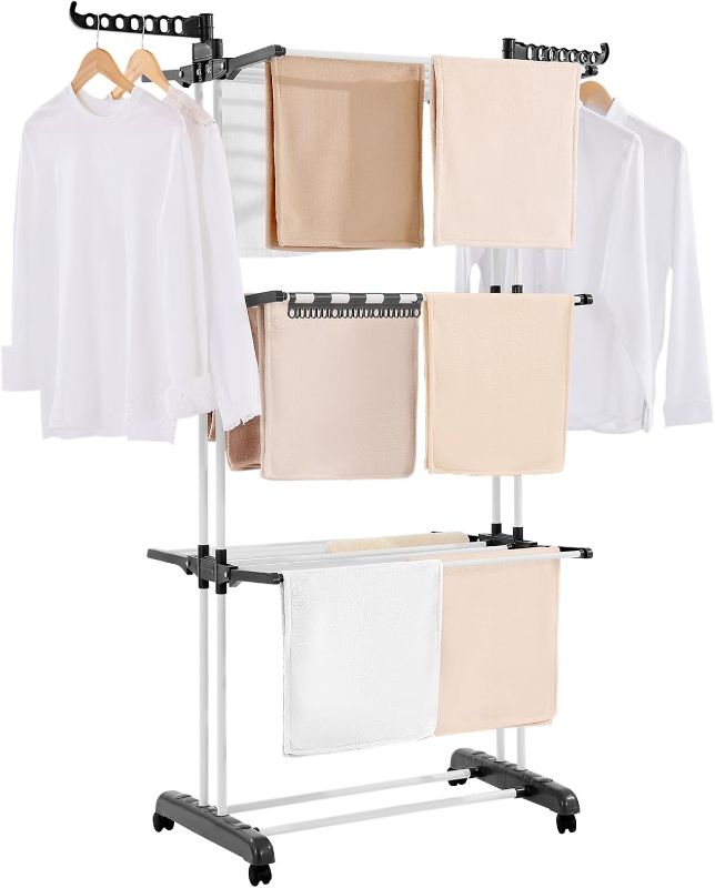 Photo 1 of VEVOR Clothes Drying Rack, 4-Tier Foldable Laundry Dryer Rack, Metal Drying Racks with 24 Drying Rods, Free-Standing and Portable Hanger with 4 Castors and Two Side Wings for Outdoor & Indoor Use