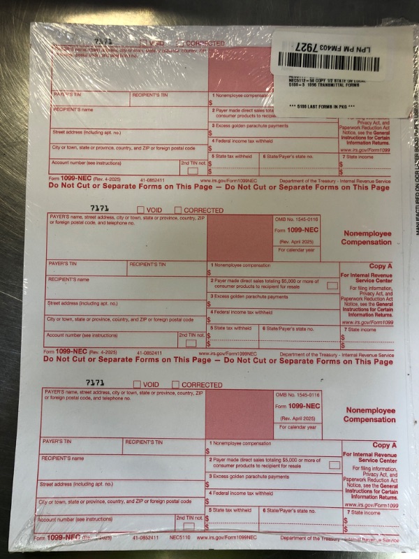 Photo 1 of 1099 NEC Forms 2025 4 Part Tax Forms Kit of Laser Forms, Compatible with QuickBooks and Accounting, 25 Pack, Software and Envelopes NOT Included, Made in The USA