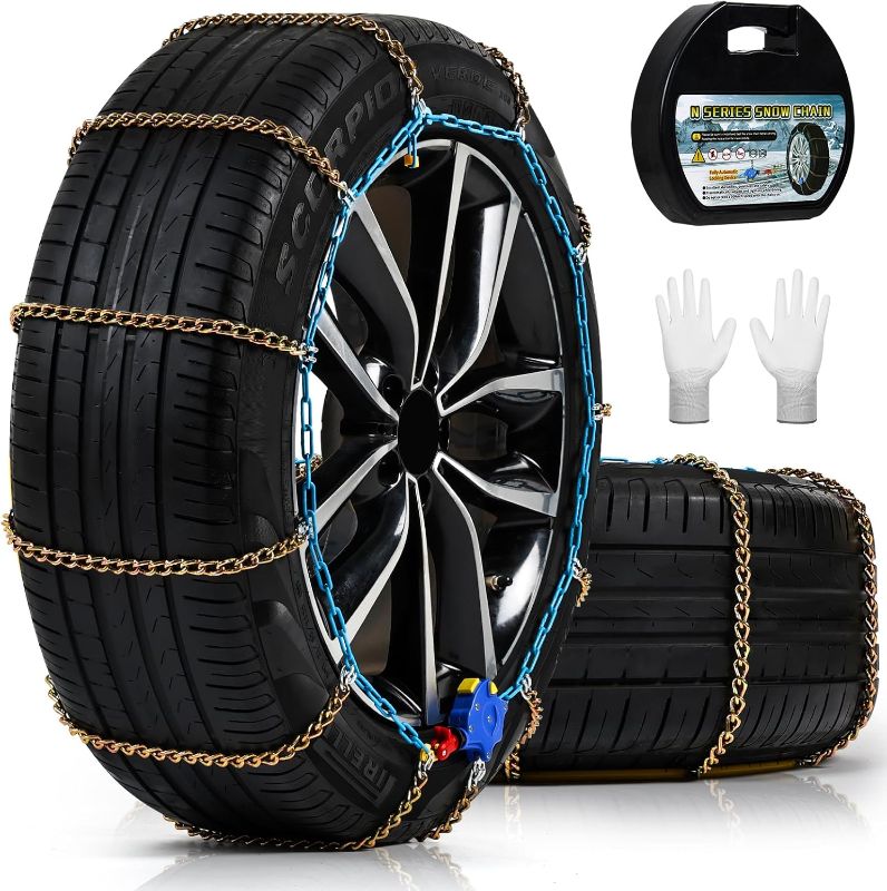 Photo 1 of Auto Tightening Snow Chains for Cars, SUVs & Pickup Trucks – 1-Min Quick-Fit Auto Installation, Reusable Universal Emergency Traction Tire Chains – Set of 2