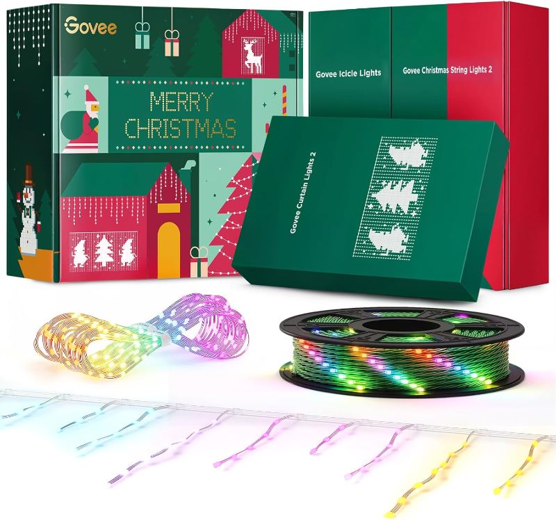 Photo 1 of Govee Outdoor Lights Set, Includes Curtain Lights, String Lights, & Icicle Lights, House Decor for Indoors & Outdoors, RGBIC Smart LED Lights, Holly-Jolly Christmas Bundle 1 Pack Each