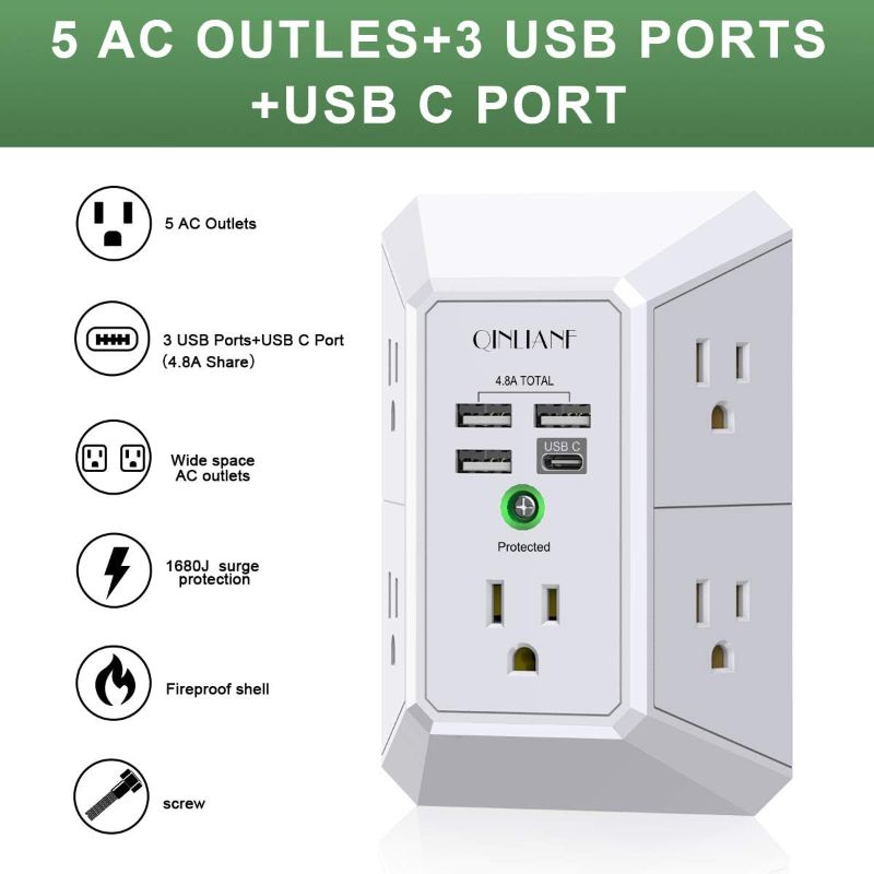 Photo 1 of x0042mrm9fWall Charger, Surge Protector, QINLIANF 5 Outlet Extender with 4 USB Charging Ports (4.8A Total) 3-Sided 1680J Power Strip Multi Plug Adapter Spaced for Home Travel Office (3U1C)