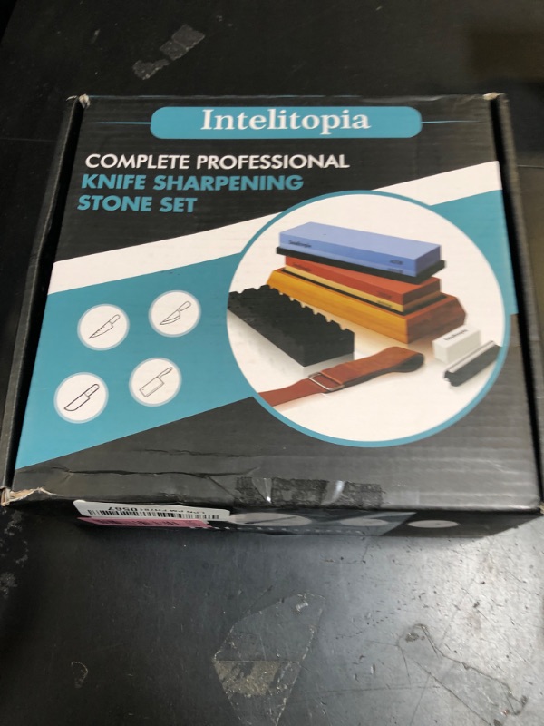 Photo 1 of Intelitopia Complete Knife Sharpening Stone Set – Dual Grit Whetstone 400/1000 3000/8000 Knife Sharpener with Leather Strop, Flattening Stone, Bamboo Base, 3 Non-slip Rubber Bases & Angle Guide