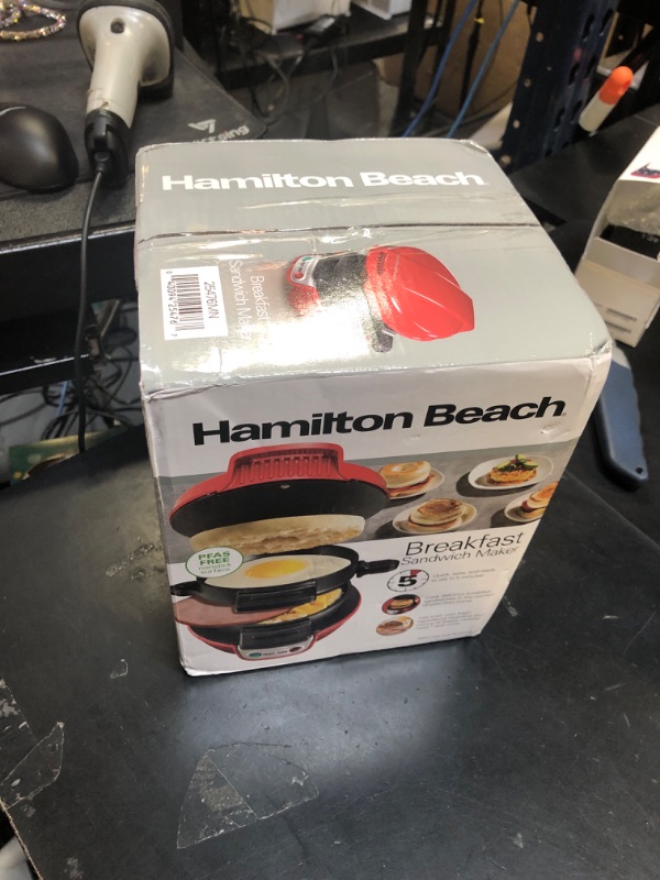 Photo 1 of Hamilton Beach Breakfast Sandwich Maker with Egg Cooker Ring, Customize Ingredients, Perfect for English Muffins, Croissants, Mini Waffles, Perfect White Elephant Gifts, Red (25476)