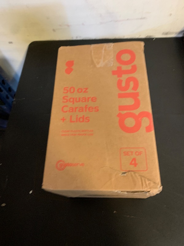 Photo 1 of GUSTO [50 oz - 4 Pack] Plastic Carafe with Lid, Large Capacity Square Base - Clear Pitcher with Flip Top Lid, Easy-Pour Spout Juice Containers with Lids, Hand Wash Only - Perfect for Mimosa Bar