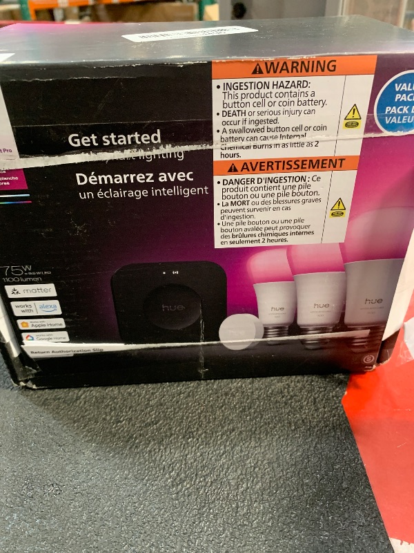 Photo 1 of ***MISSING PARTS***
Philips Hue Starter Kit: Bridge Pro + 3 A19 E26 Smart Bulbs + Button, White & Color Ambiance, Smart Light Hub, Works with Apple Home, Alexa, Google, Samsung SmartThings