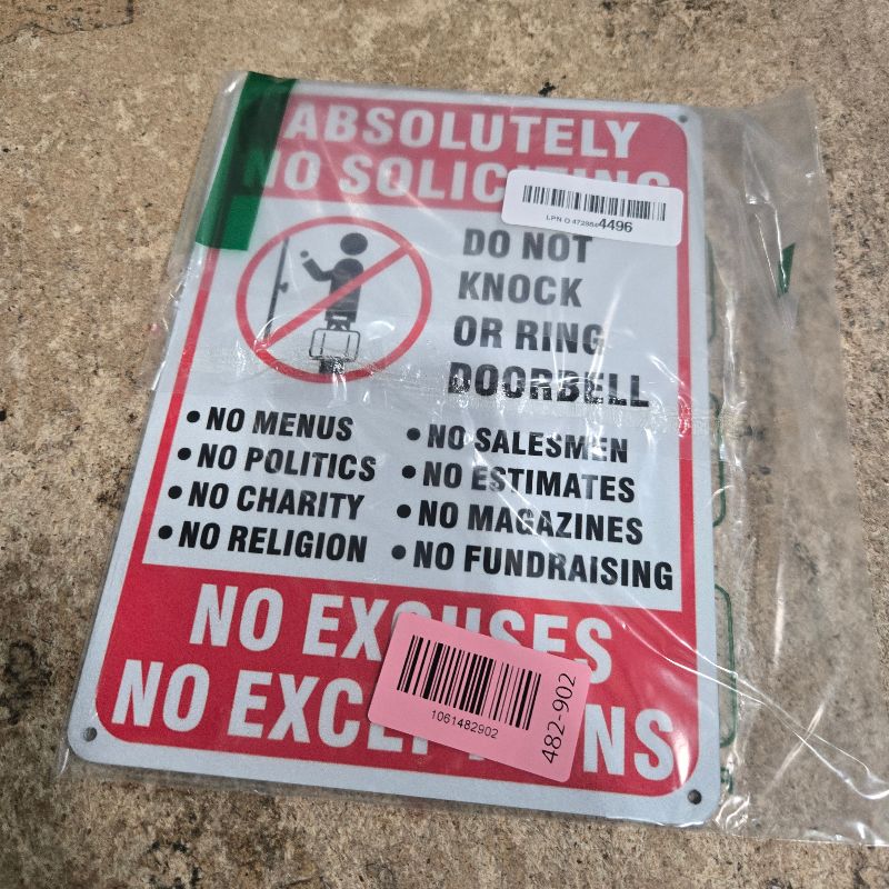 Photo 1 of (2 Pack) No Soliciting Sign for House, No Soliciting Sign for Front Door, No Exceptions No Excuses Aluminum Metal Signs for Yard (White/Black, 10 x 7 inches)
