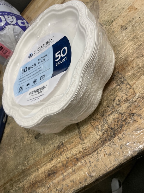 Photo 1 of [50 COUNT]10-inch Compostable PFAS Free Floral Paper Plates, White Floral Acanthus Collection Natural Sugarcane Disposable Bagasse Eco Friendly Wedding Dinner Plates Elegant, New Version